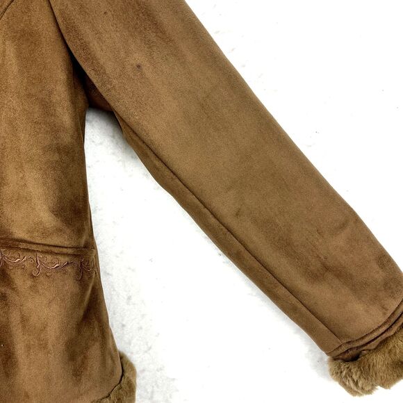 Faux Suede Jacket Womens SZ XL Faux Fur Trim Hood Embroidered Floral Soft Brown - Picture 11 of 11
